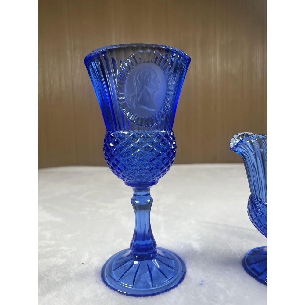 Cobalt Blue Pressed Glass Creamer & Sugar Set‎ Diamond Medallion Pattern